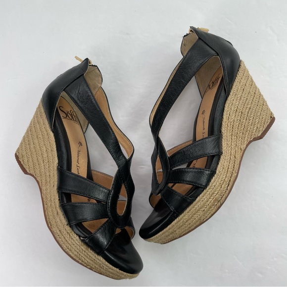 Sofft Black Leather Espadrille Wedge Open Toe Sandals - Picture 3 of 16